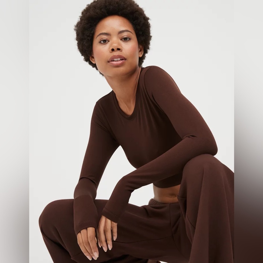 Aerie Offline Sidewalk Seamless Long Sleeve Cropped T-Shirt Canyon Sun Small - Picture 2 of 10